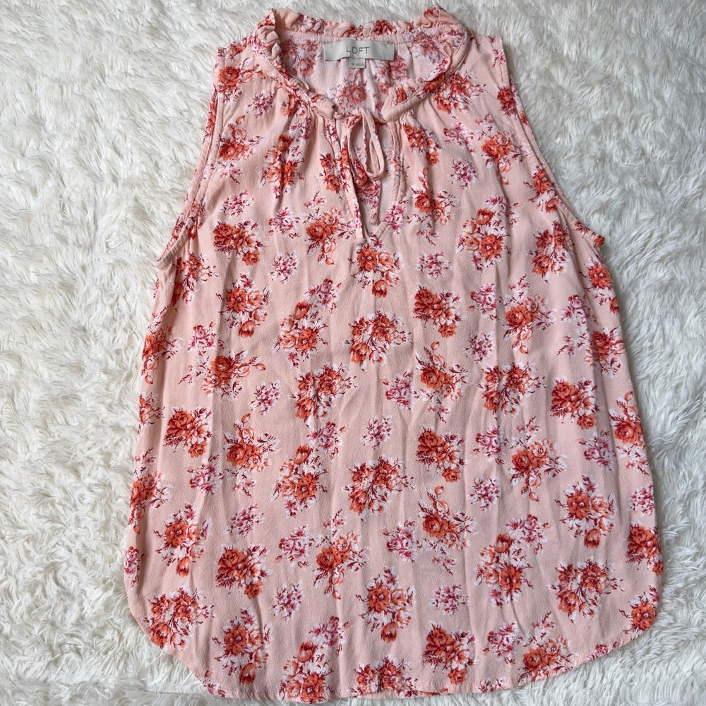 LOFT Peach Floral Ruffle Neck Sleeveless Blouse XS Orange Pink Rayon Top